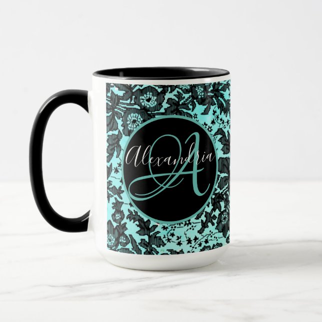 Taza Floral negra morena sobre monograma turquesa (Izquierda)
