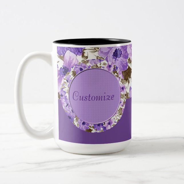 Taza floral púrpura y blanca personalizada (Izquierda)