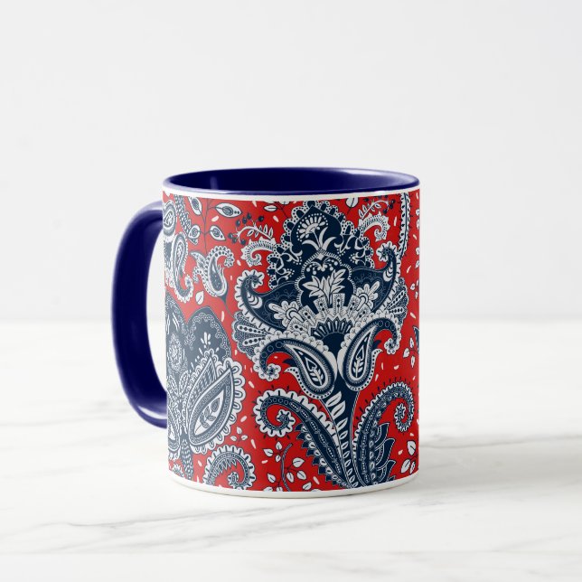 Taza Floral roja blanca y azul Paisley Bohemio Boho (Anverso izquierdo)