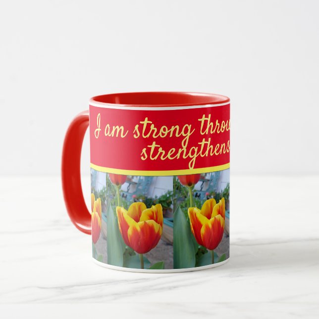 Taza Floral Rojo Tulipán Dios dice que soy mujeres fuer (Anverso izquierdo)