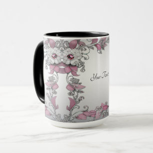 Taza floral rosa plateada blanca