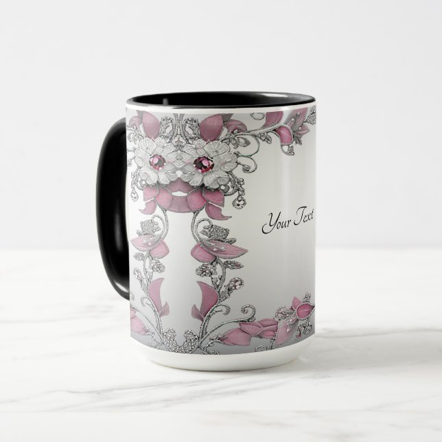 Taza floral rosa plateada blanca (Anverso izquierdo)