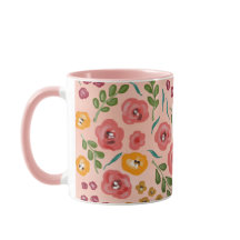Floral Rubor color mano Nombre rosa Monograma Mug
