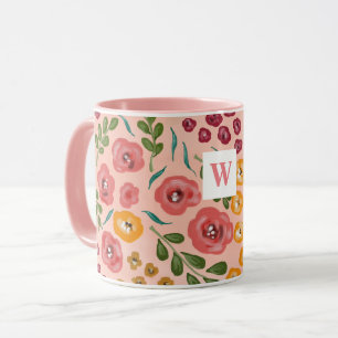 Taza Floral Rubor color mano Nombre rosa Monograma Mug