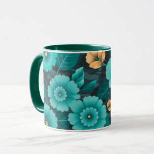 Taza Floral verde azulada y dorada con hojas verdes osc