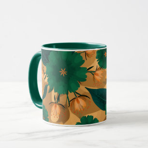 Taza Florales verdes y naranjas de fondo dorado