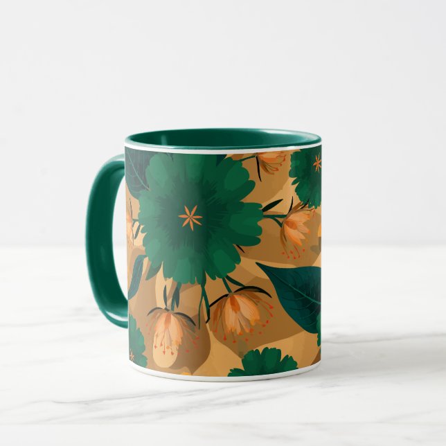 Taza Florales verdes y naranjas de fondo dorado (Anverso izquierdo)