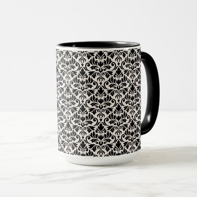 Taza Florecer Patrón Damask Negro sobre Crema (Anverso derecho)