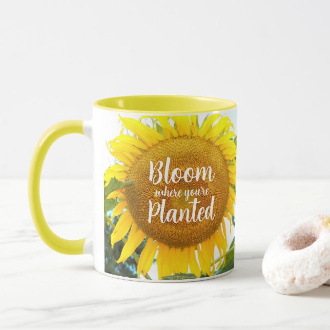 Taza Florecimiento donde estás plantado girasol amarill (Con donut)