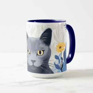 Taza Flores amarillas de gato azul ruso
