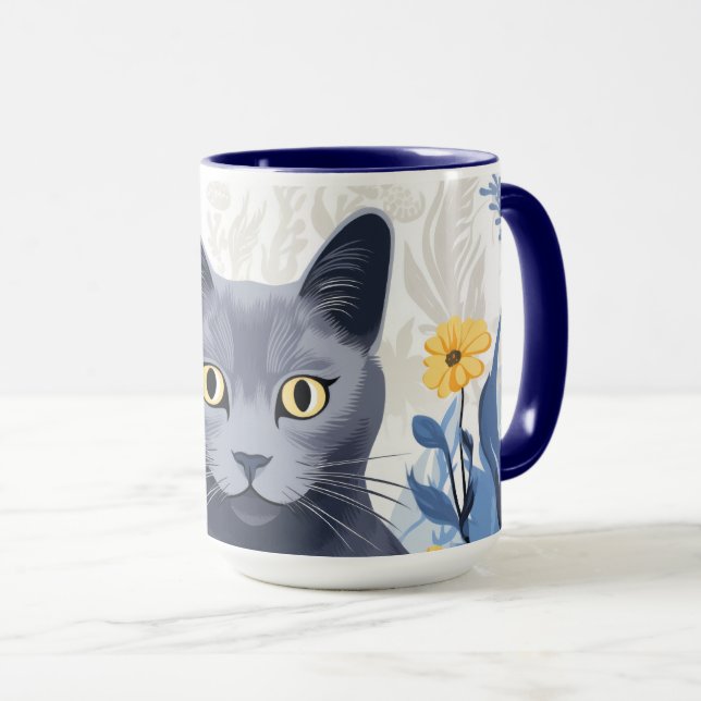 Taza Flores amarillas de gato azul ruso (Anverso derecho)