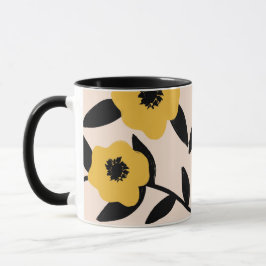 Taza Flores amarillas modernas patrón de hojas negras