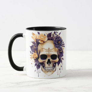 Taza Flores amarillas y moradas de cráneo espeluznantes