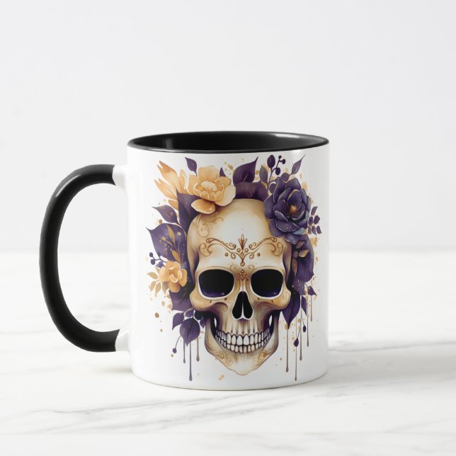 Taza Flores amarillas y moradas de cráneo espeluznantes (Izquierda)