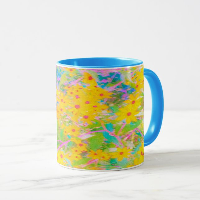 Taza Flores amarillas y rojas bonito con azul turquesa (Anverso derecho)