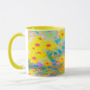 Taza Flores amarillas y rojas bonito con azul turquesa