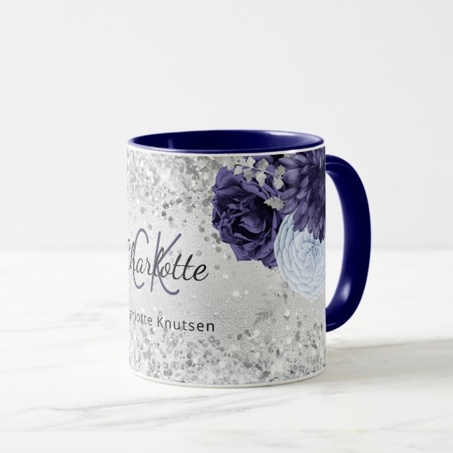 Taza Flores azul marino plateado nombre elegante monogr (Anverso derecho)