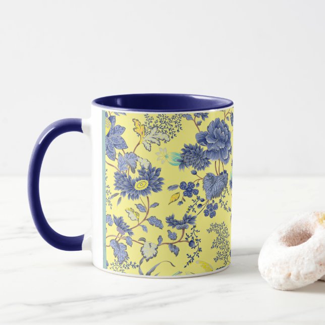 Taza Flores azules Mug Amarillo (Con donut)