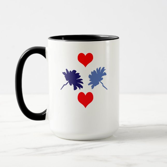 Taza Flores azules y abrazo de corazón rojo (Izquierda)