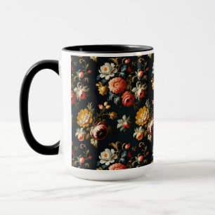 Taza Flores barrocas ornamentadas sobre fondo negro