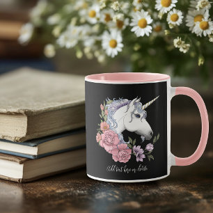 Taza Flores blancas de unicornio de color rosa negro