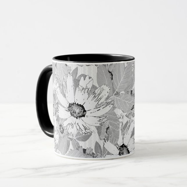 Taza Flores blancas en gris claro. (Anverso izquierdo)
