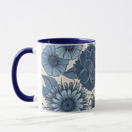 Taza Flores Botánicas Azules: Arte Floral Elegante