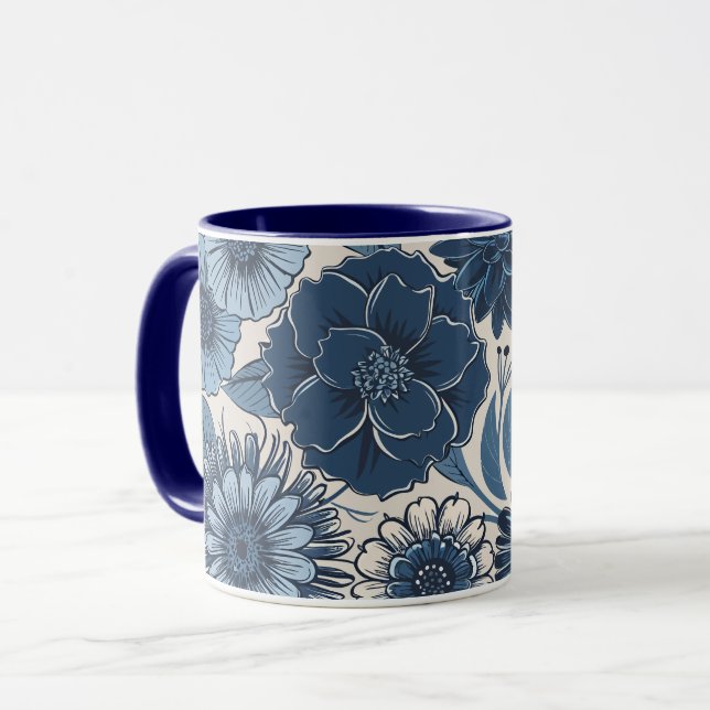 Taza Flores Botánicas Azules: Arte Floral Elegante (Anverso izquierdo)