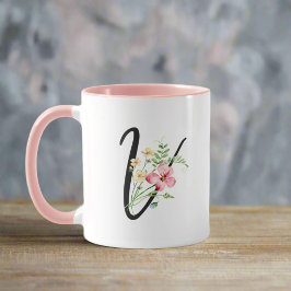 Taza Flores botánicas modernas Letra "V" manuscrita