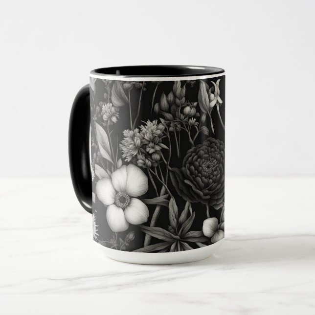 Taza Flores botánicas negras y blancas (Anverso izquierdo)