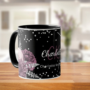 Taza Flores burdeos negras elegante nombre de monograma