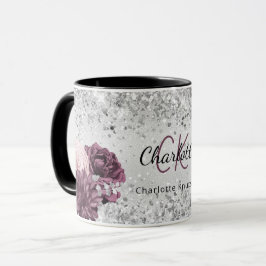 Taza Flores burdeos plateadas elegante nombre de monogr