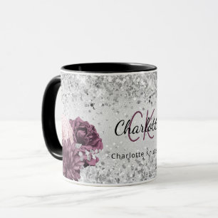 Taza Flores burdeos plateadas elegante nombre de monogr