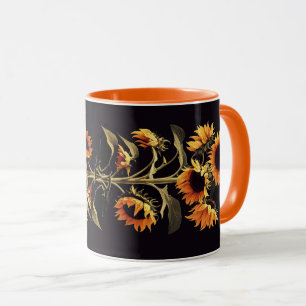 TAZA FLORES CON HOJAS VERDES EN NEGRO
