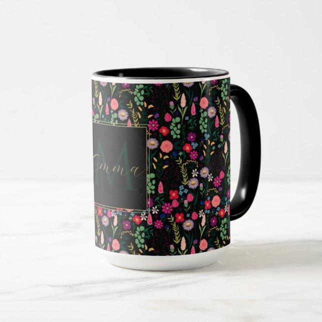 Taza Flores de acuarela botánica Boho Black (Anverso derecho)