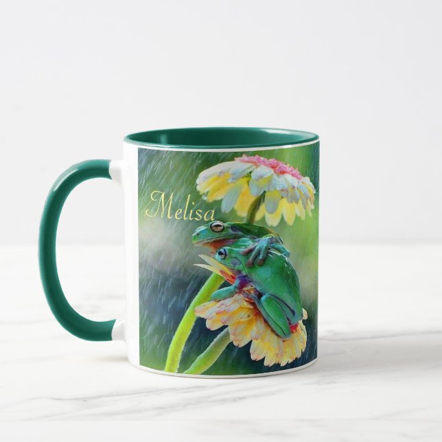 Taza Flores de amigos de la rana Llueven Nombre de rega (Izquierda)