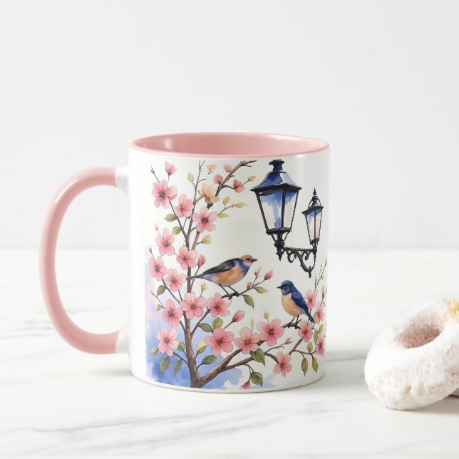 Taza Flores de cerezo y aves (Con donut)