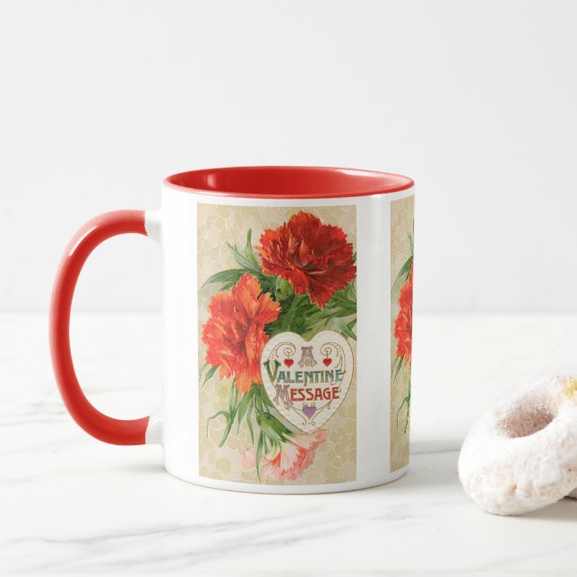 Taza Flores de Clavel, Mensaje Antiguo de San Valentín (Con donut)