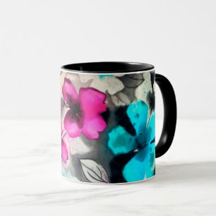 Taza Flores de color azul rosa blanco negro