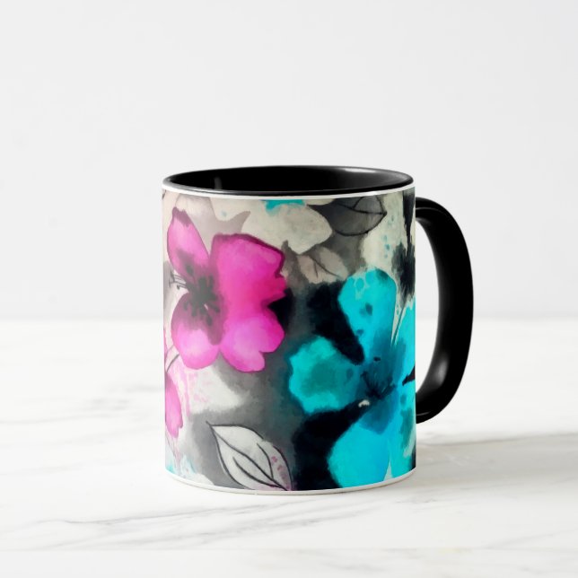Taza Flores de color azul rosa blanco negro (Anverso derecho)