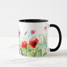 Taza Flores de colores y adornos rojos