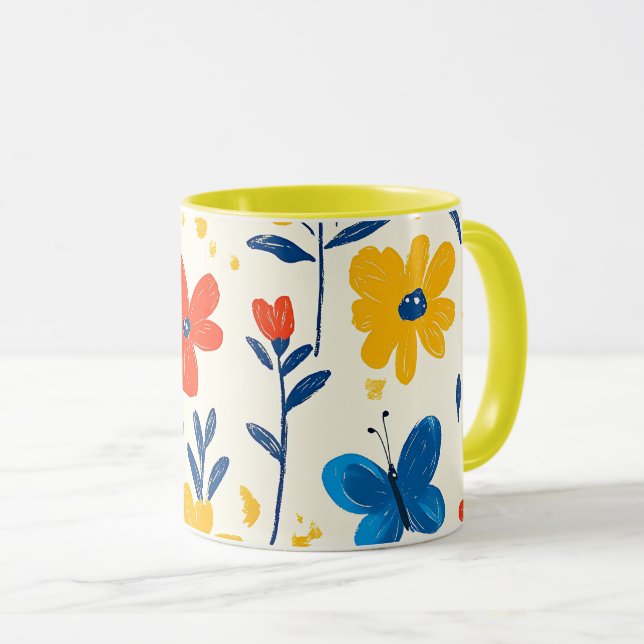 Taza Flores de crayón y mariposa   (Anverso derecho)
