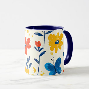 Taza Flores de crayón y mariposa  