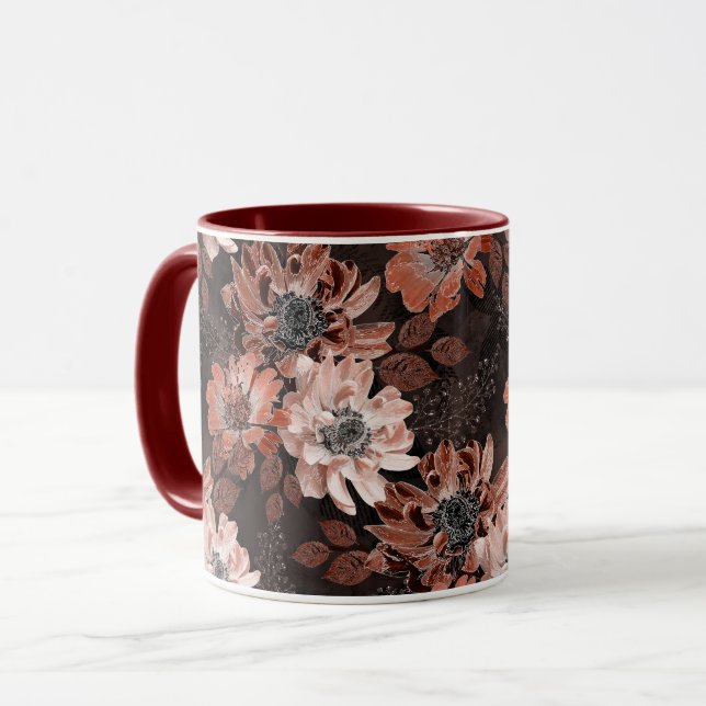 Taza Flores de crema y teracote en un fondo marrón oscu (Anverso izquierdo)