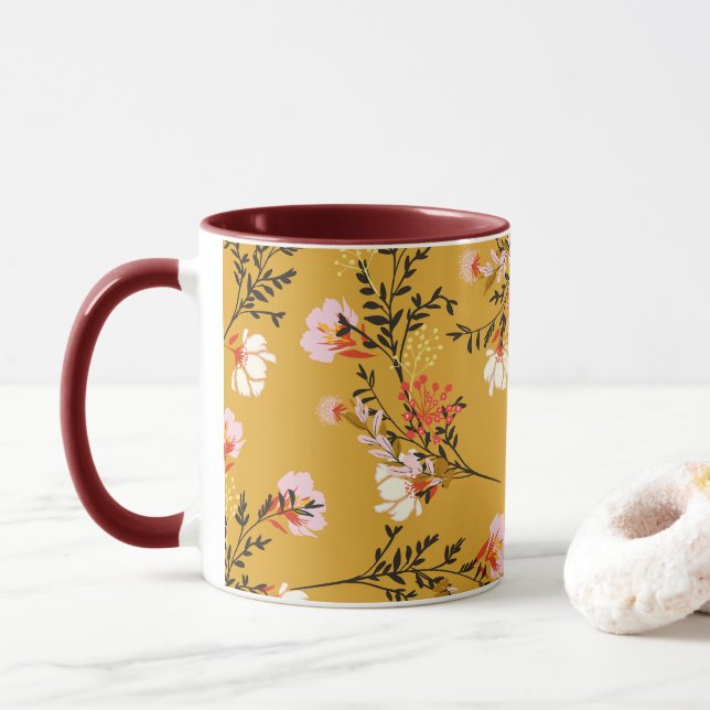 Taza flores de fondo amarillo (Con donut)