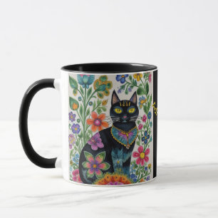 Taza Flores de gato negro mariposas, arte nativo Editab