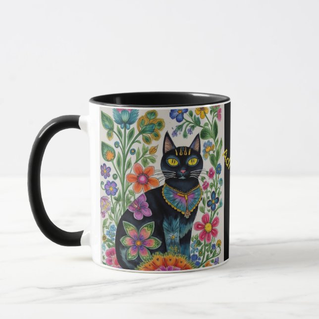 Taza Flores de gato negro mariposas, arte nativo Editab (Izquierda)