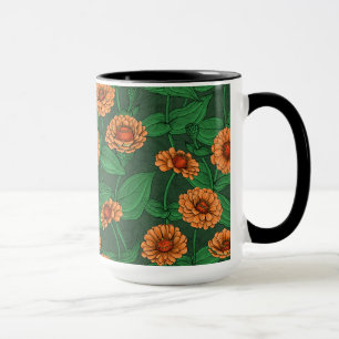 Taza flores de la zinnia naranja, hojas verdes sobre ve