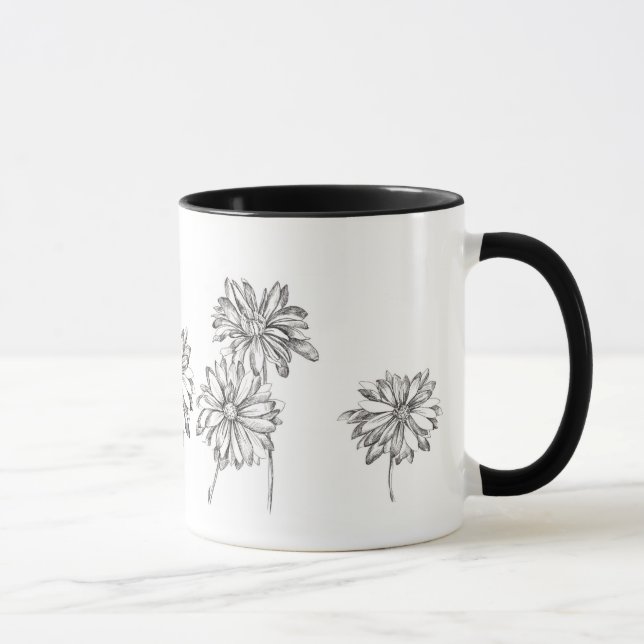 Taza Flores de margarita Lápiz y tinta dibujo negro (Derecha)