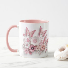 Taza Flores de mariposas rosas y blancas